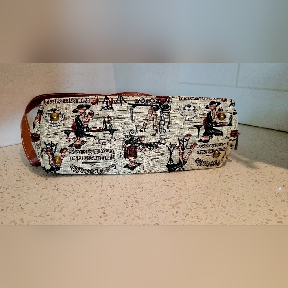 Signore Paris Bistro Print Satchel | Brown Cream Travel Style Purse - Picture 8 of 8